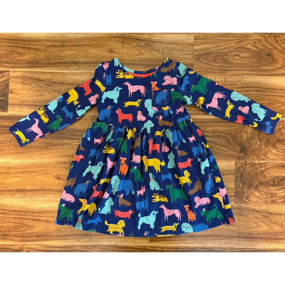 Mini Boden Dress, Navy with Rainbow Puppy Print, Size 4-5